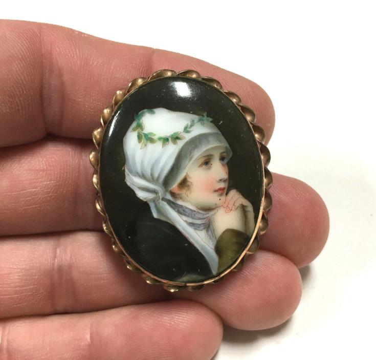 Antique Victorian Hand Painted Portrait Brooch Young Prayer Lady Rose Gold JJ96Q