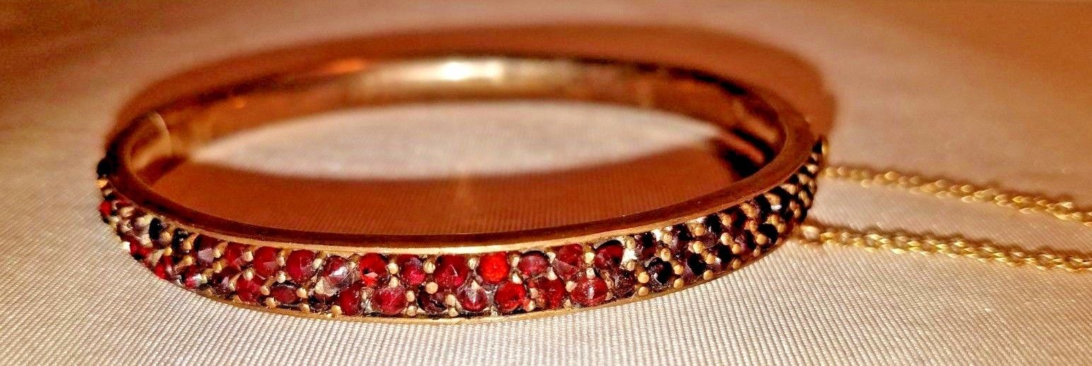 ~ Valentine Beauty! Victorian Garnet Festooned Bangle Bracelet Gold Plated .925
