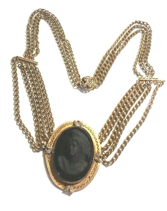 ANTIQUE VICTORIAN BRASS FESTOON MOURNING JET BLACK GLASS CAMEO NECKLACE