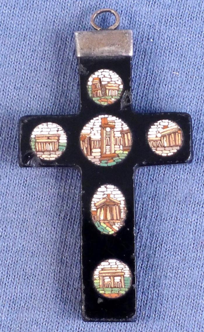 Early 1900's Micro Mosaic & Black Onyx Cross Pendant of Roman Ruins, Italian?