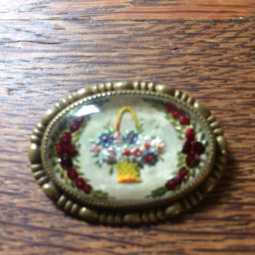 Victorian enamel brooch - oval brooch - vintage pin - flowers - basket - floral
