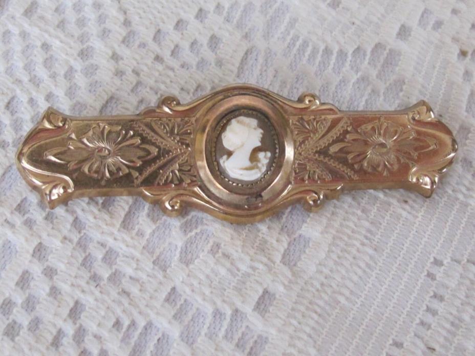 G12 Stunning Antique Victorian Gold Filled Bar Pin Brooch with Cameo