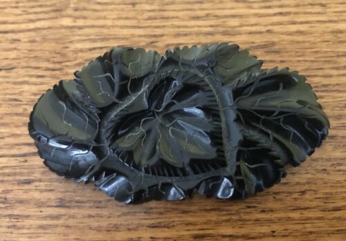 Antique Victorian Mourning Brooch Black Floral Bakelite Jet