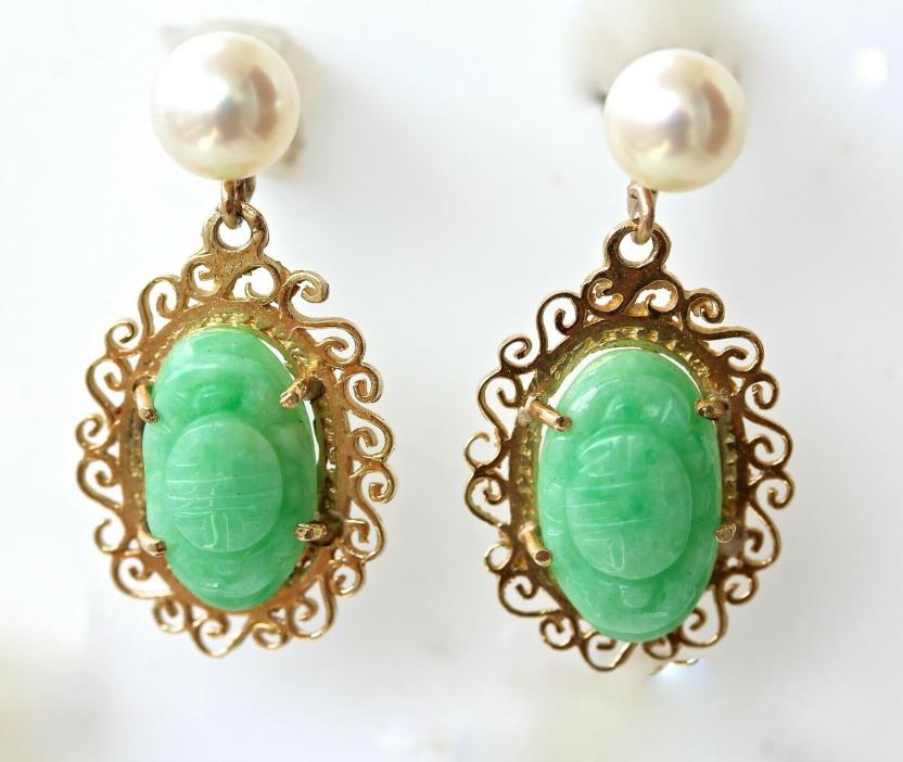 Antique Natural Apple Green Jadeite Jade Dangle Earrings 14K Gold