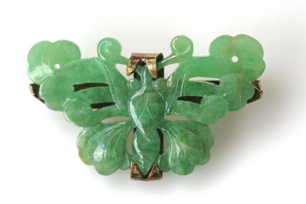 Antique Natural Carved Butterfly Jadeite Jade Gold Brooch