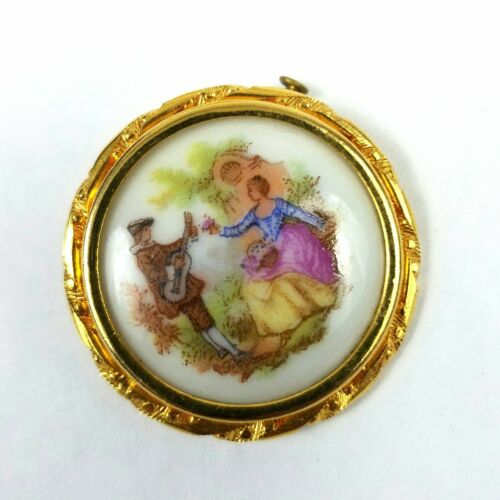 Victorian Limoges Pin France Painted Courting Brooch Trombone Clasp