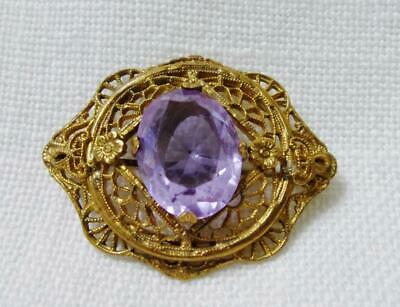 Victorian Filigree Gold Tone on Brass Pin Brooch, Lilac Faceted Glass Center