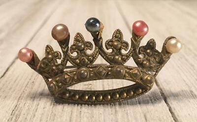 Early Victorian Tiara Crown W/ Multi Color Faux Pearl Accent Brooch Pin Jewelry