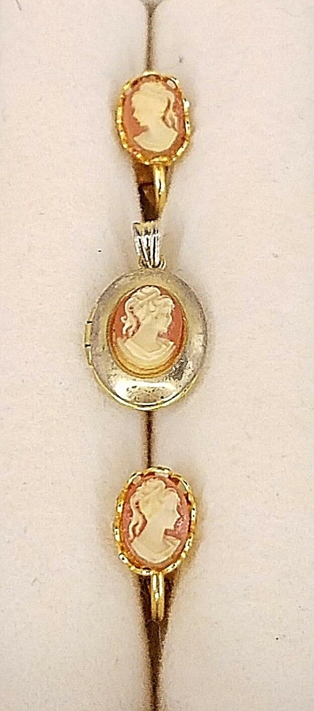 Vintage Cameo Jewelry Pendant Locket Earrings Victorian Gold Tone Small White