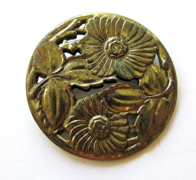 Victorian Repousse Floral Brooch~Sash Round Flowers Leaves C Clasp
