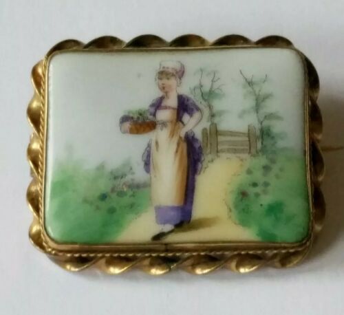 Antique Victorian Gold Filled Hand Painted Porcelain Pin Brooch