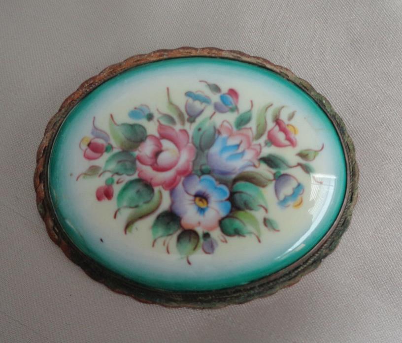 VICTORIAN HAND PAINTED CAMEO WITH FLOWERS IN SILVER 2