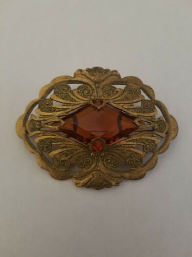 Vintage Victorian Brass Amber Glass Brooch