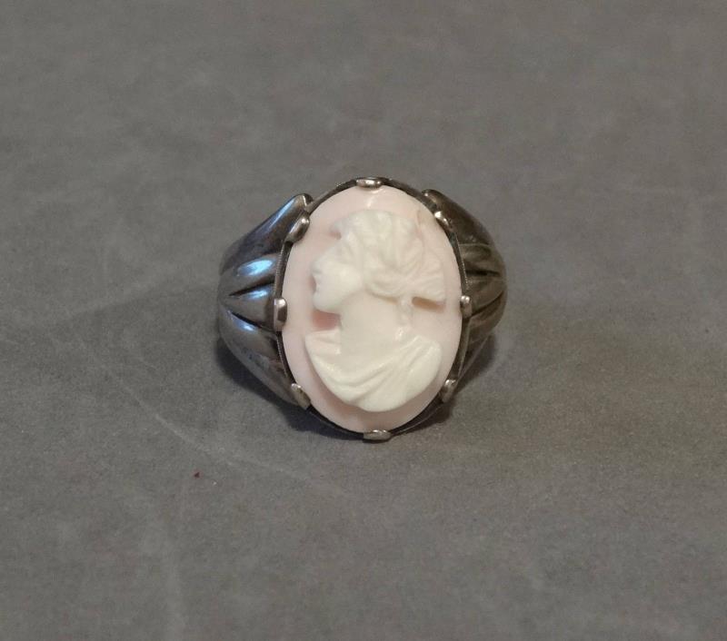 Vintage Cameo Ring Sterling Silver Carved Pink White Shell Lady Face Size 10.25