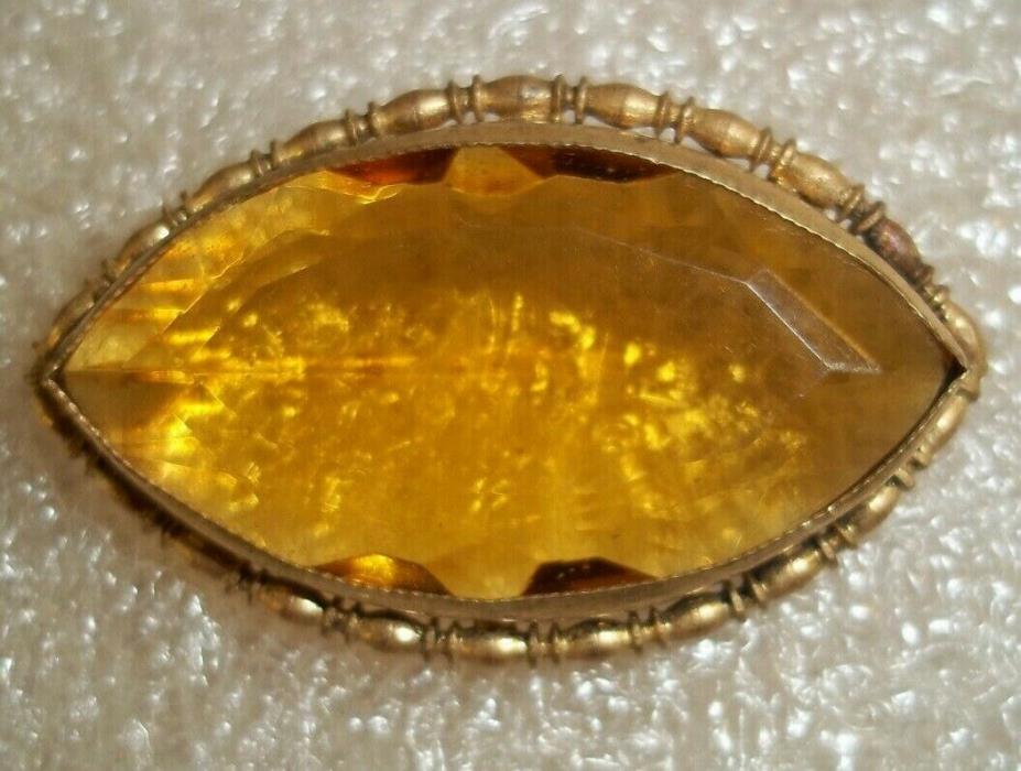 Victorian Brass and Topaz Faceted Marquise Glass Brooch