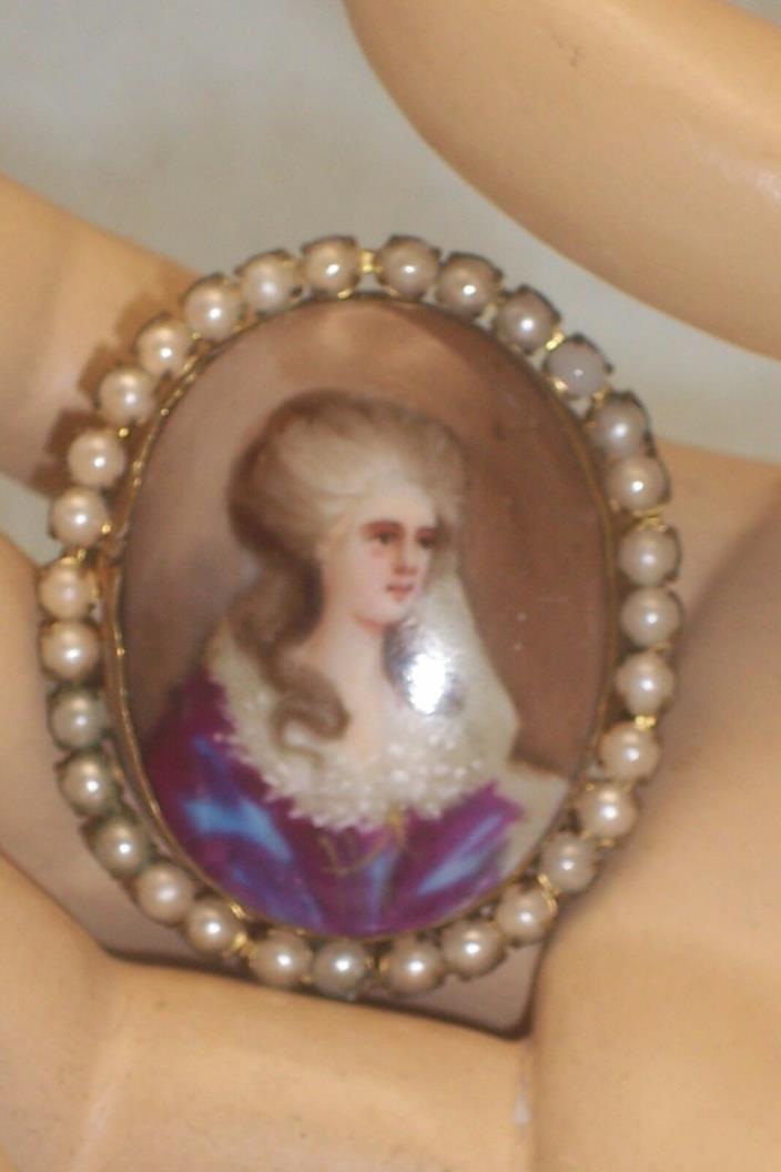 Antique Painted Porcelain Marie Antoinette Image Faux Seed Pearl Bezel