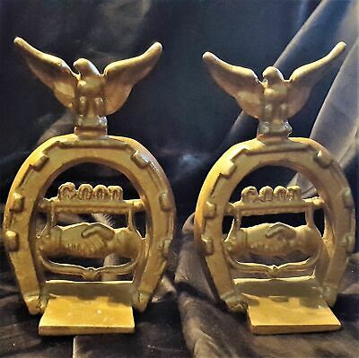 Antique Victorian Masonic Handshake Brass Good Luck Horseshoe Eagle Bookends