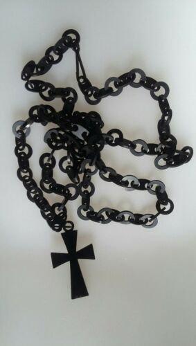 Antique Victorian Rare Beautidful Vulcanite Carved Cross Chain Mourning Necklace