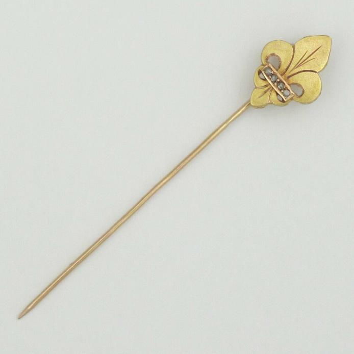 Antique Victorian French 18K Gold Diamond Fleur De Lis / Lys Stickpin Pin Brooch