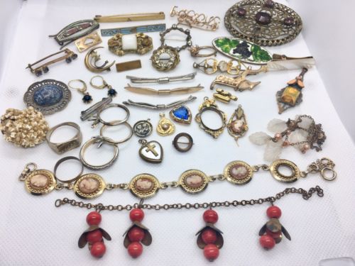 Lot Victorian Jewelry Trinkets Parts Wearable Repair Repurpose Sterling Cameo