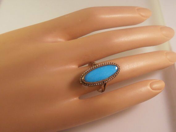 Vtg Edwardian Turquoise Ring, Stamped Gold Shell Size 6.25, Knuckle Length