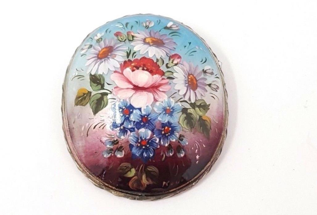 Victorian Hand Painted Flowers Enamel Oval  Brooch
