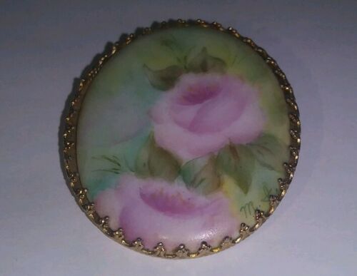 Victorian Hand Painted Porcelain Brooch Pink Roses Signed by Artist