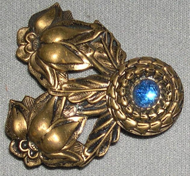 Vintage Brooch C Clasp Copper Plate color Metal Blue Rhinestone.