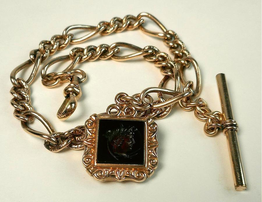 Fine Antique Vintage Gold Filled Watch Chain With Portrait Intaglio Fob & T Bar