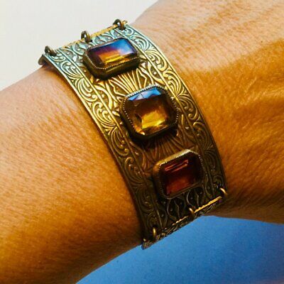 1900s wide Etched bracelet with Topaz paste stones. Art nouveau