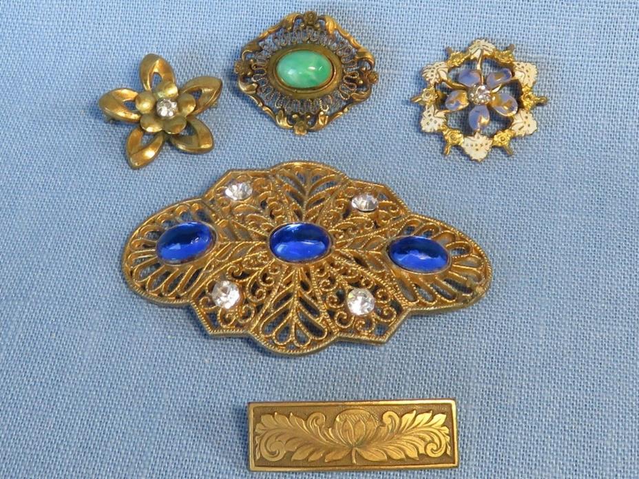 Lot of 5 Antique Brooches Pins Victorian C Clasp Rhinestones Cabochons