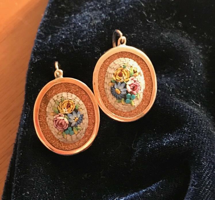 Antique Vintage 14K Rose Gold Firestone and Micro-Mosaic Earrings
