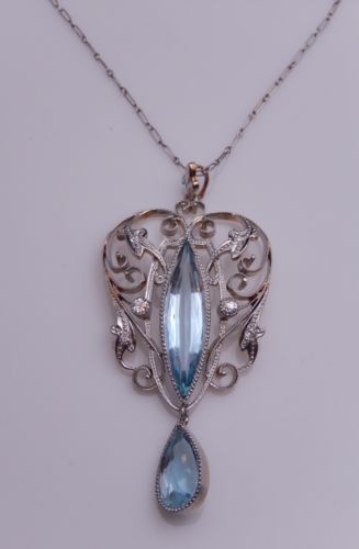 Art Nouveau Antique Platinum Over Gold Diamond & Aquamarine Lavalier Necklace
