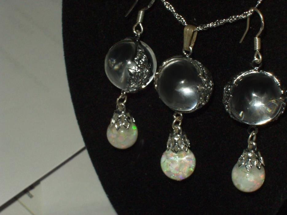ART DECO POOLS OF LIGHT ROCK CRYSTALS FLOATING OPAL NECKLACE EARRING STERLING
