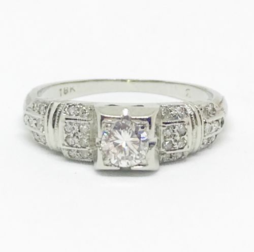 Antique Art Deco Ring Natural Diamond 18k Solid White Gold Engagement Wedding