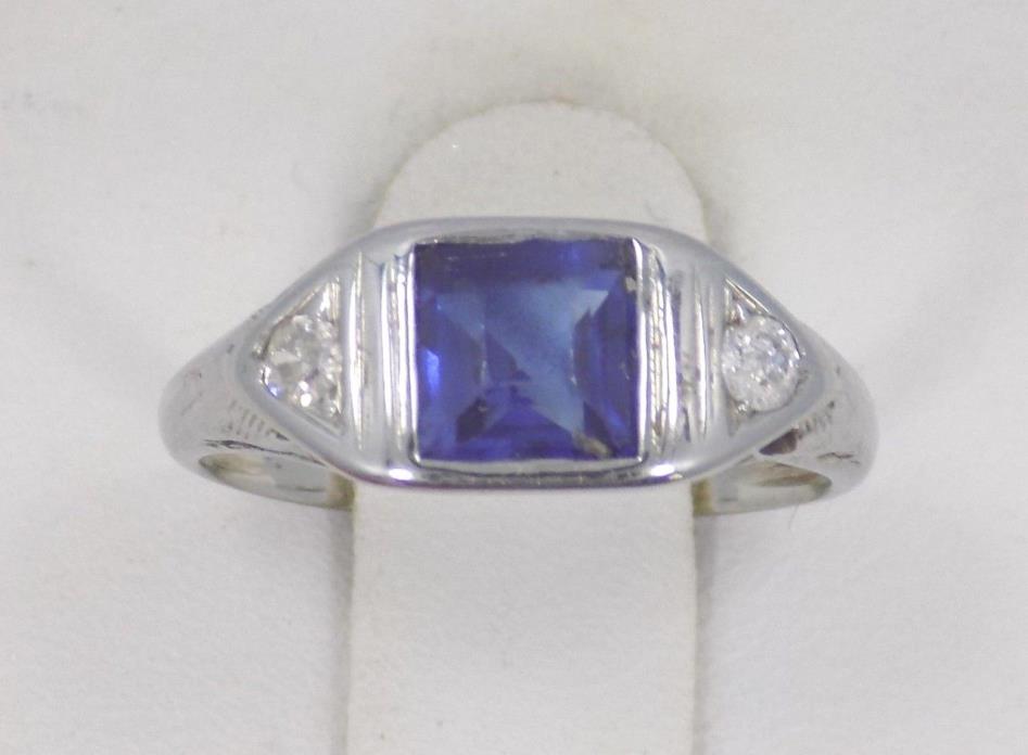 Vintage Art Deco 18k White Gold Blue & White Sapphire Ring ~ Sz 3 3/4 ~ 2.3 Gr