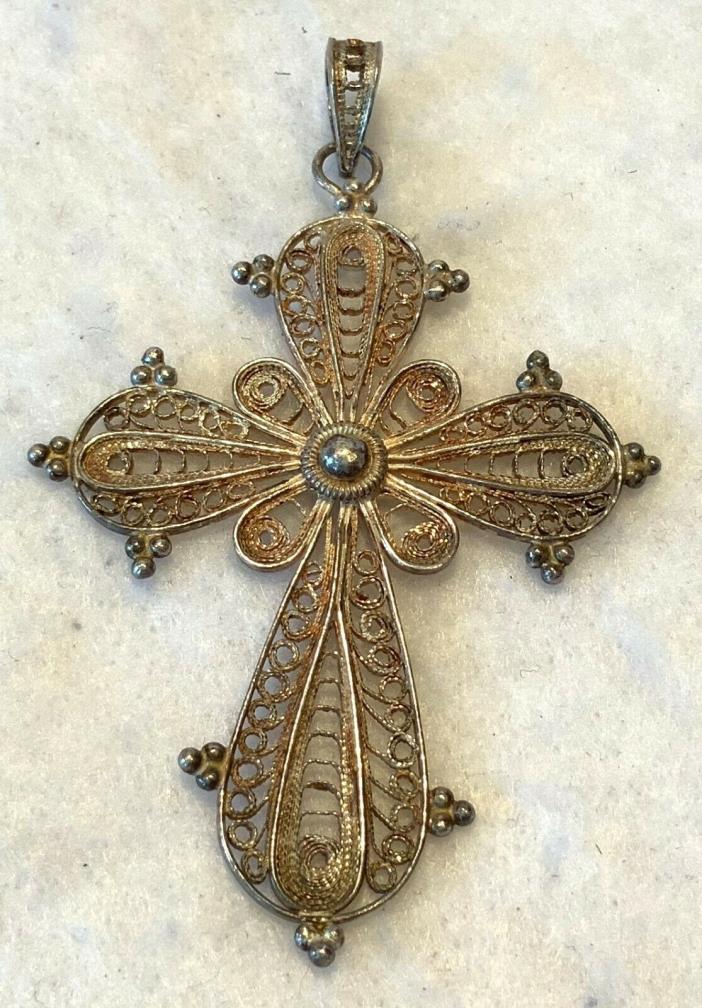 Large & Unusual Handcrafted 925 Sterling Filigree Art Deco Pendant Cross - EXC!