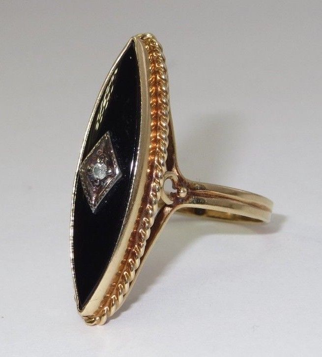 ANTIQUE Ladies DIAMOND & BLACK ONYX Ring set in 14K Yellow Gold Ring Size 7.5