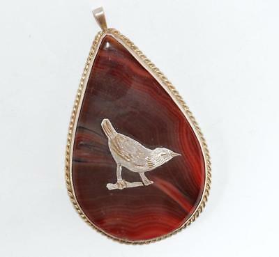 Antique Scottish Banded Agate Sterling Silver Bird Pendant c1920. Size XL
