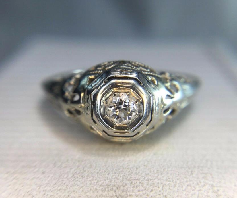 Vintage Art Deco 18k Round Old European Diamond Filigree Small Engagement Ring