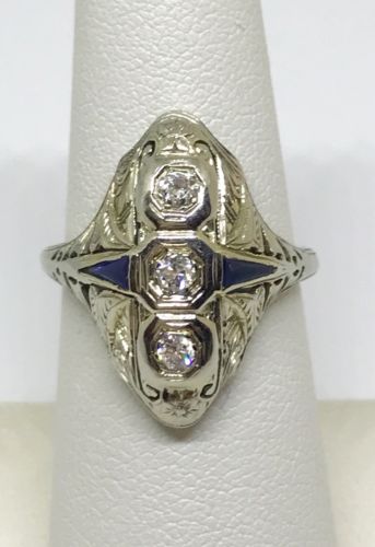 Antique Art Deco Ring Natural Diamond Sapphire 18k White Gold Size 6.5