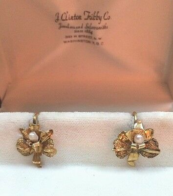 Antique 18k Yellow Gold Flower Earrings With Pearl