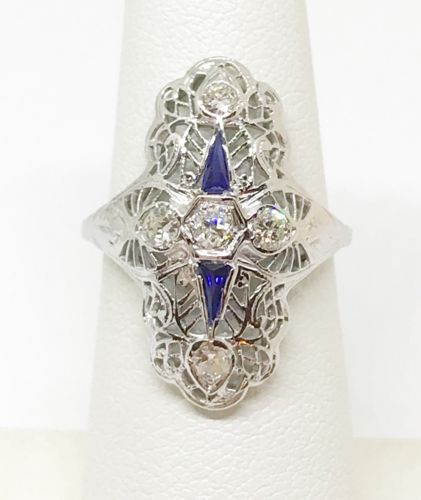 Antique Art Deco Estate Ring Natural Diamonds Blue Sapphire 18k White Gold