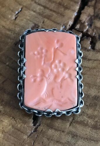 Antique Chinese Coral & Sterling Clip Pin