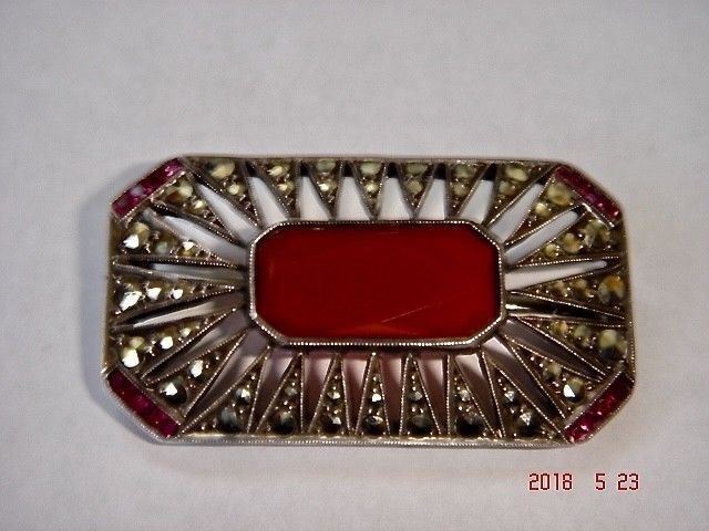 Antique Art Deco 935 Sterling Silver Carnelian Marcasite Pin Brooch