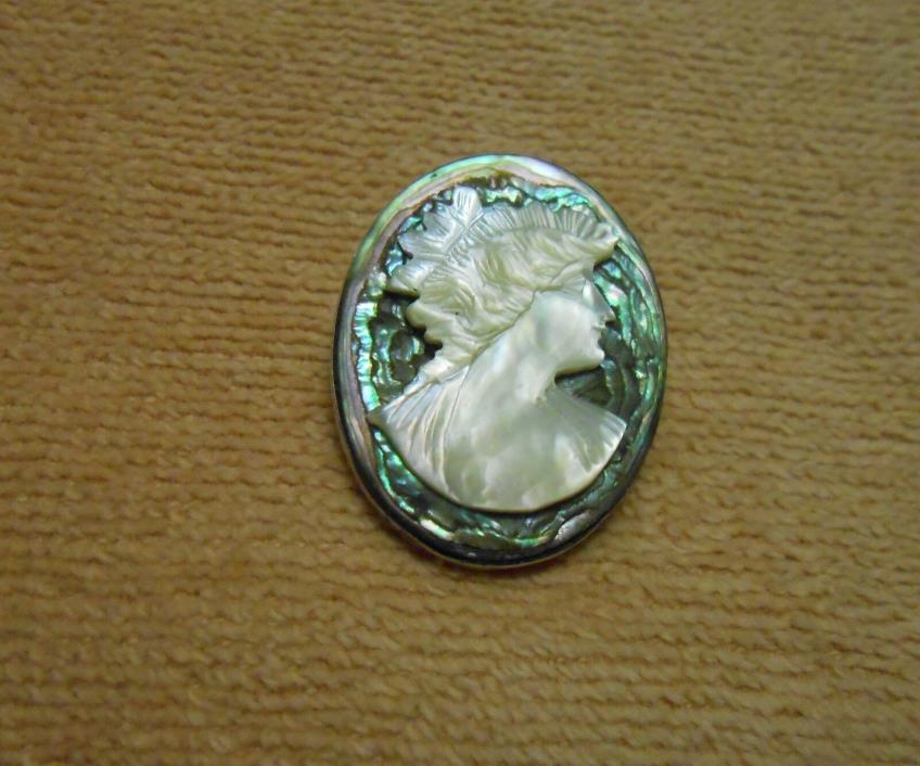ANTIQUE STERLING MOTHER OF PEARL & IRIDESCENT ABALONE SHELL CAMEO BROOCH PIN