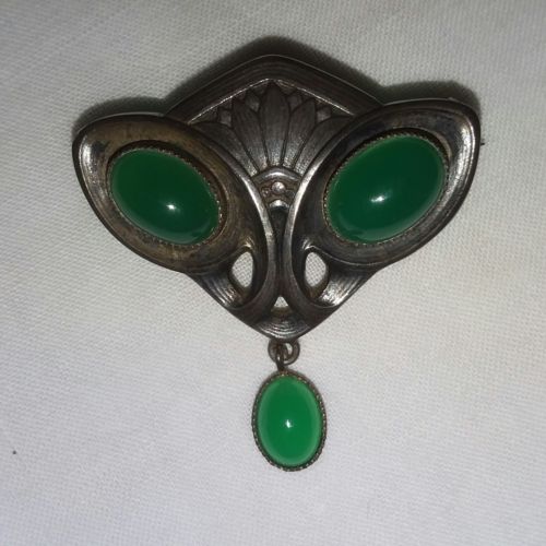 Vintage Jugendstil Art Nouveau Brooch 3 Chrysoprase Signed 900 Depos'e Initials