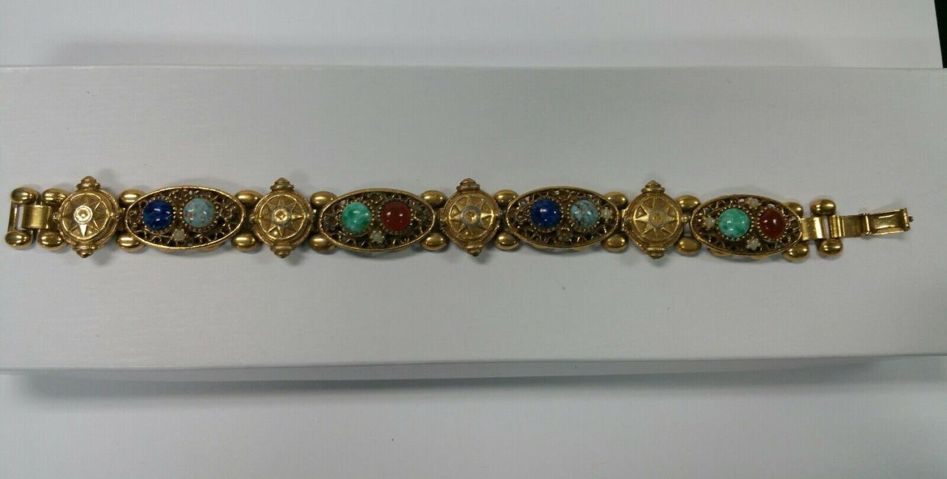 Beautiful Art Deco Gold Plated with Turqiouse color, Lapis, and Agate Bracelet