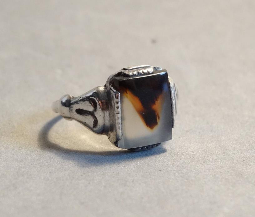 Vintage Antique Victorian Ring Sterling Silver Moss Agate Size 6.5 Ostby Barton