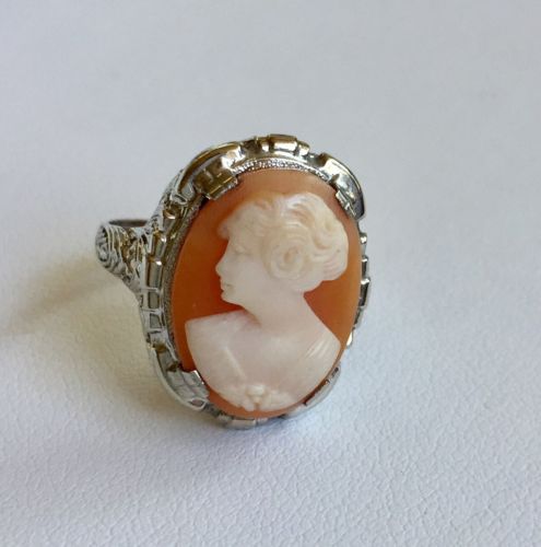 Vintage Victorian Peach Cameo Filigree Ring Size 6 in 10K White Gold